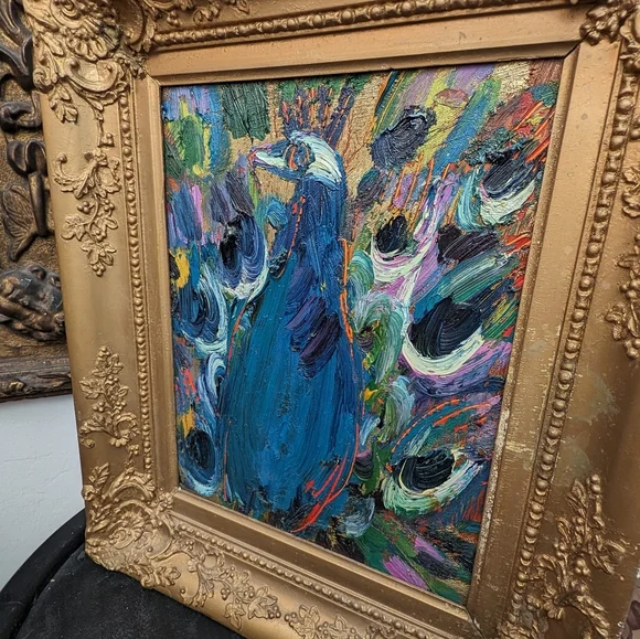 Oil on canvas peacock painting by Hunt Slonem. 11" x 14". Painted 2011. - Picture 4 of 15